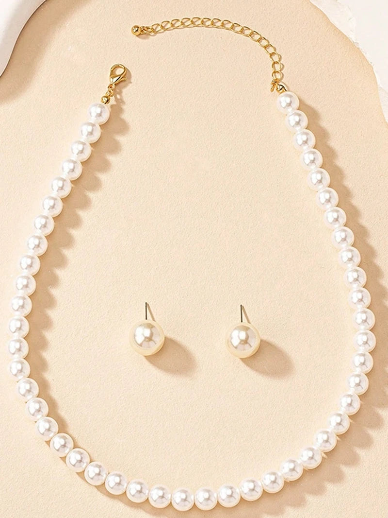 INS Fashion Minimalist Imitation Pearl Necklace Earrings Bracelet Jewelry Set