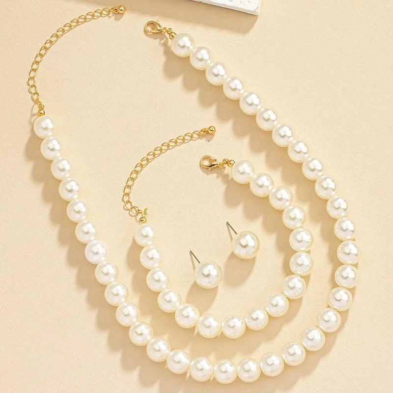 INS Fashion Minimalist Imitation Pearl Necklace Earrings Bracelet Jewelry Set