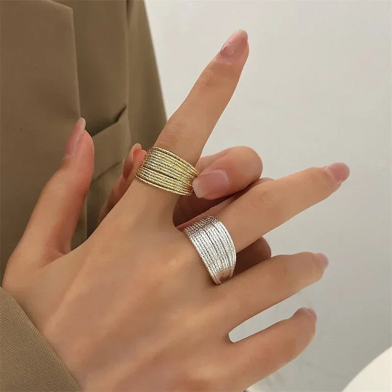 Minimalist Silver Color Multilayer Lines Rings
