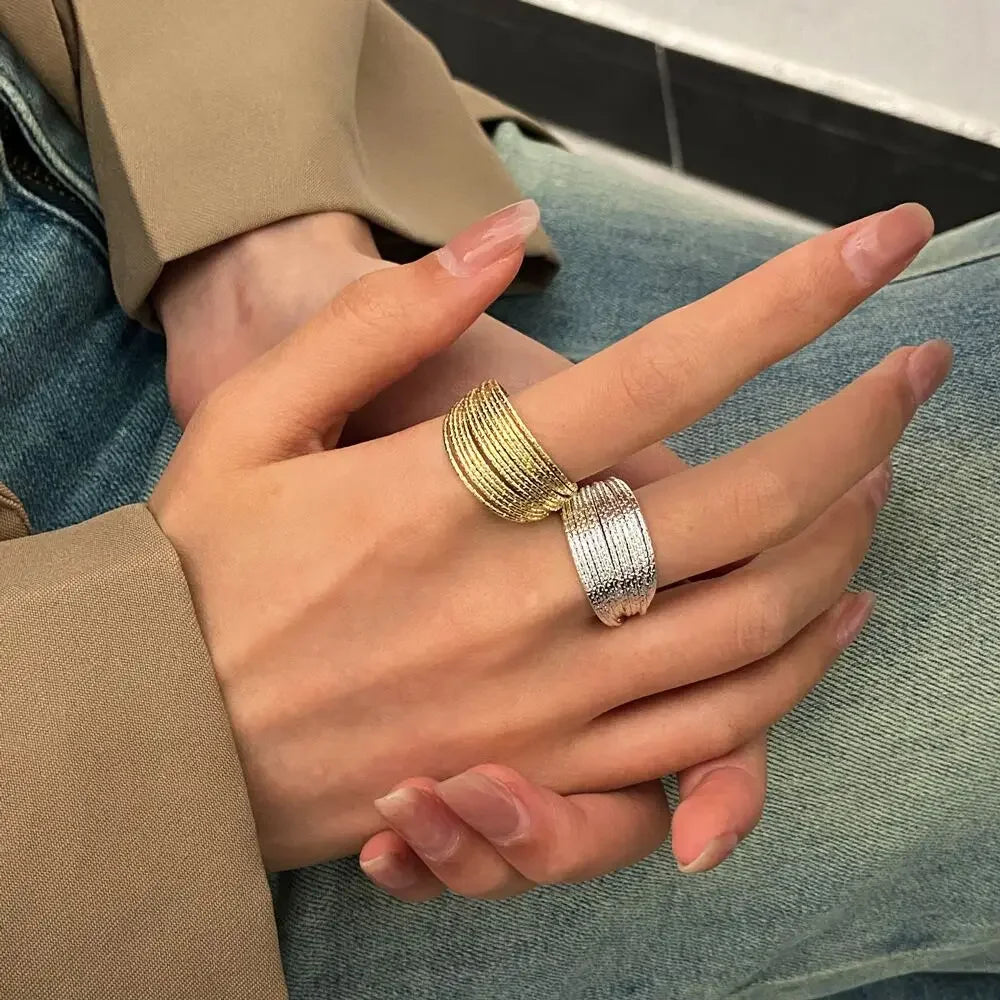 Minimalist Silver Color Multilayer Lines Rings
