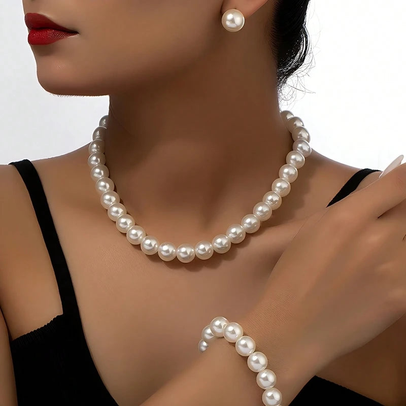 INS Fashion Minimalist Imitation Pearl Necklace Earrings Bracelet Jewelry Set