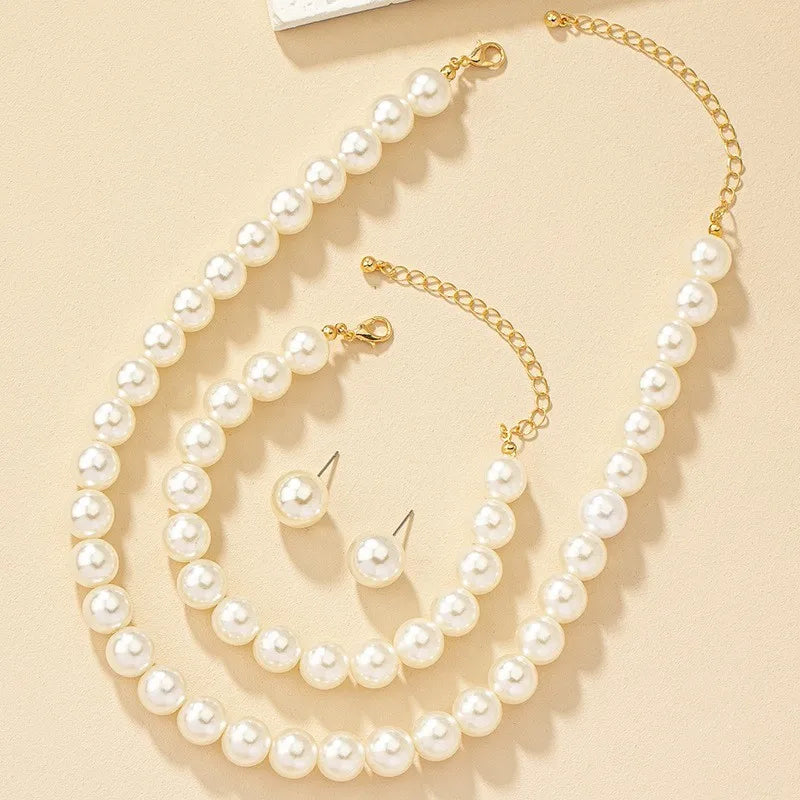 INS Fashion Minimalist Imitation Pearl Necklace Earrings Bracelet Jewelry Set