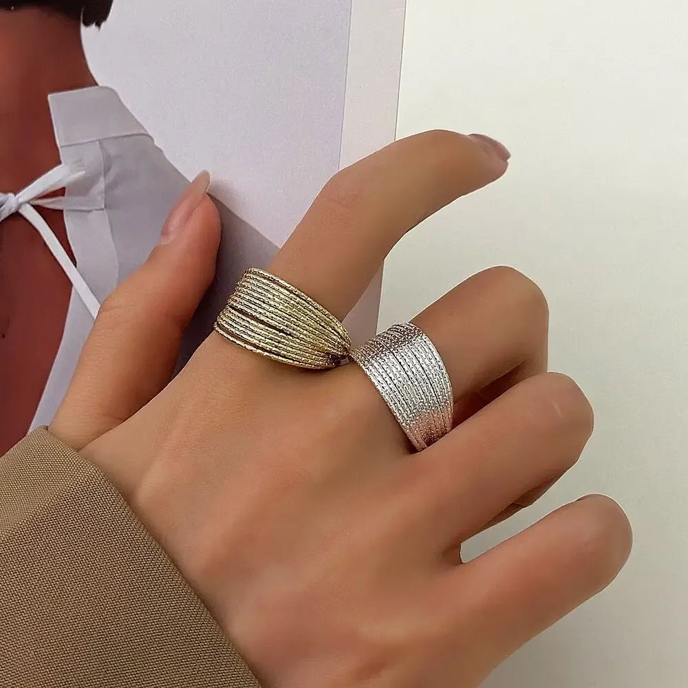 Minimalist Silver Color Multilayer Lines Rings