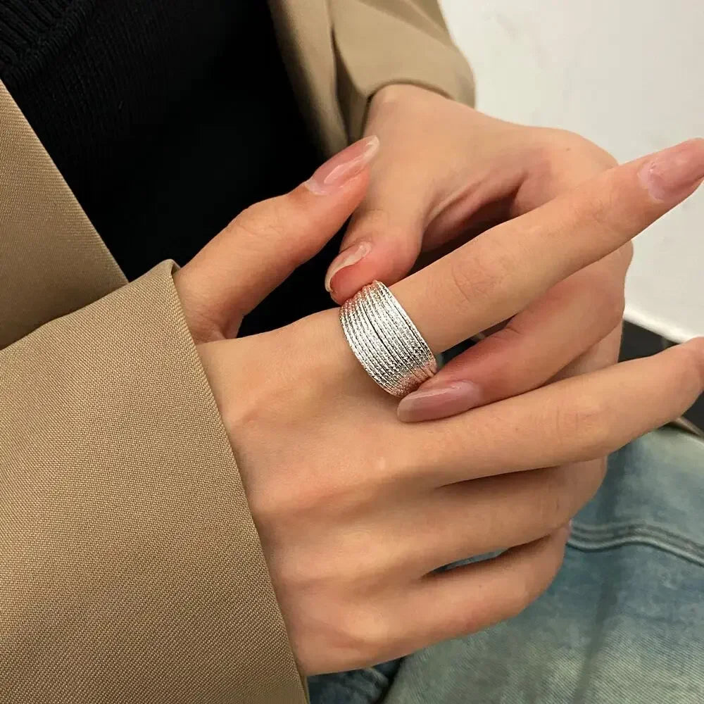 Minimalist Silver Color Multilayer Lines Rings