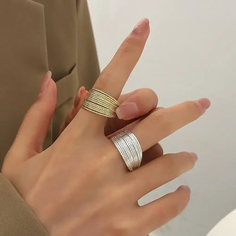 Minimalist Silver Color Multilayer Lines Rings
