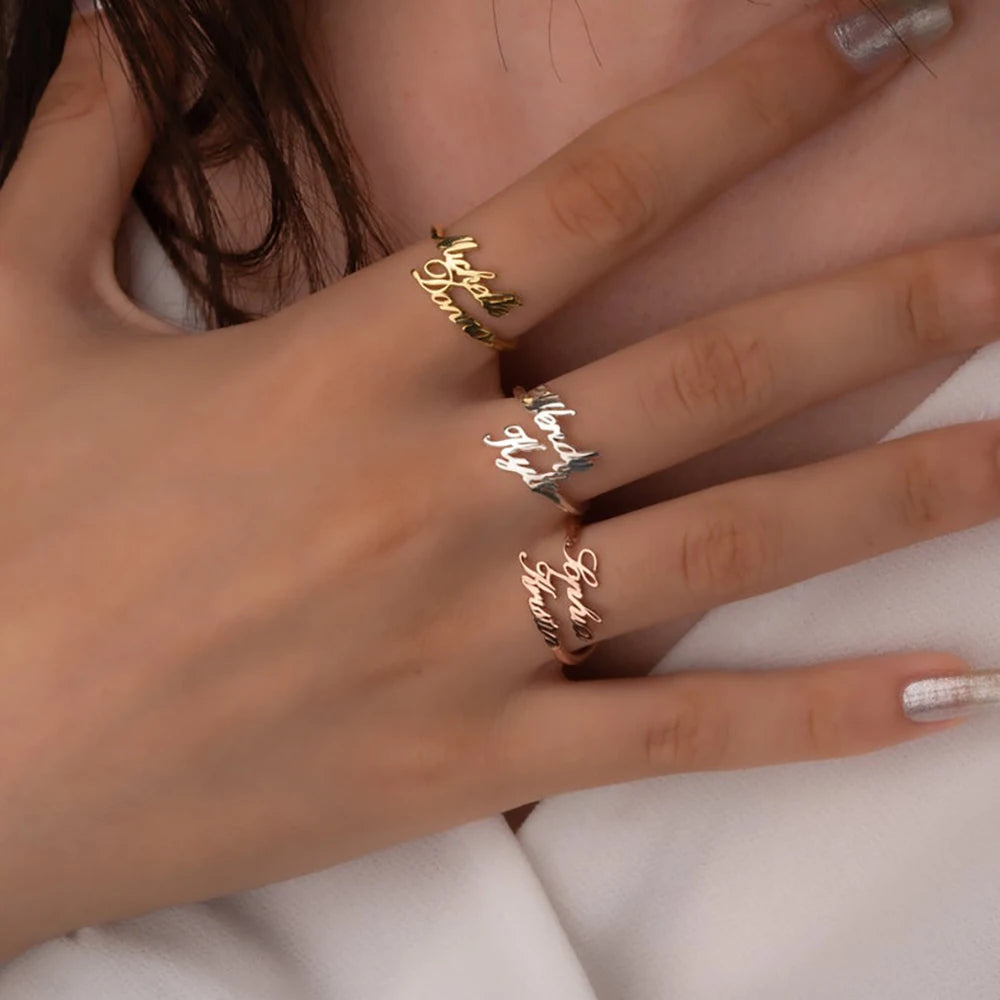 Custom Double Name Rings Personalized Adjustable Stainless Steel Jewelry