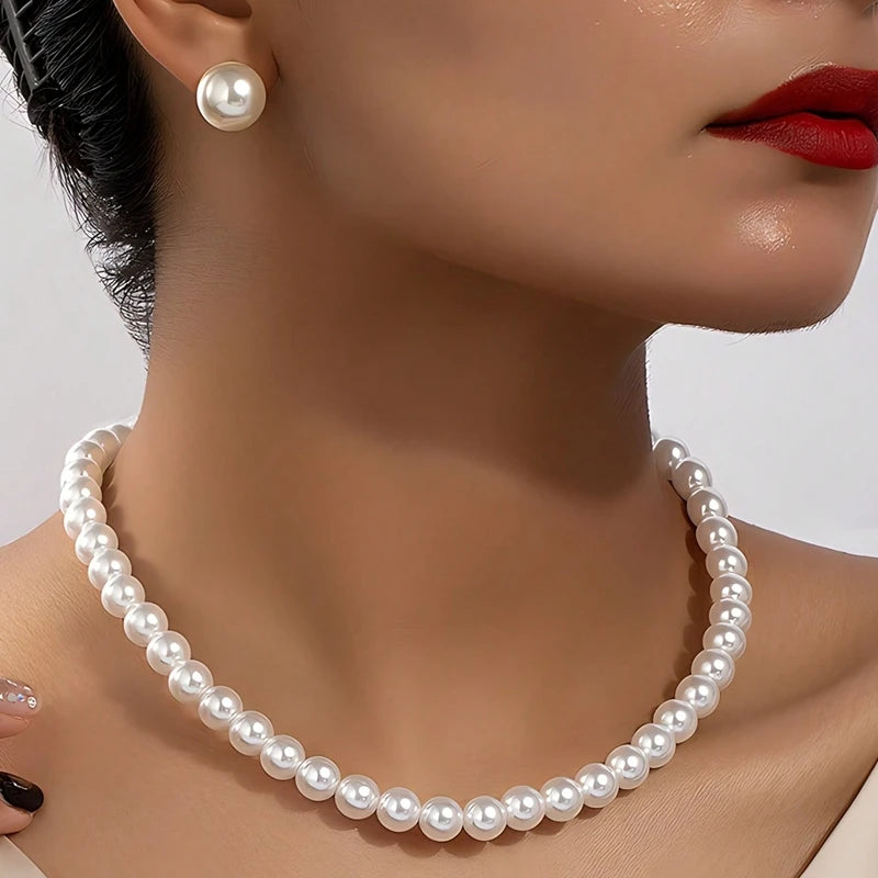 INS Fashion Minimalist Imitation Pearl Necklace Earrings Bracelet Jewelry Set